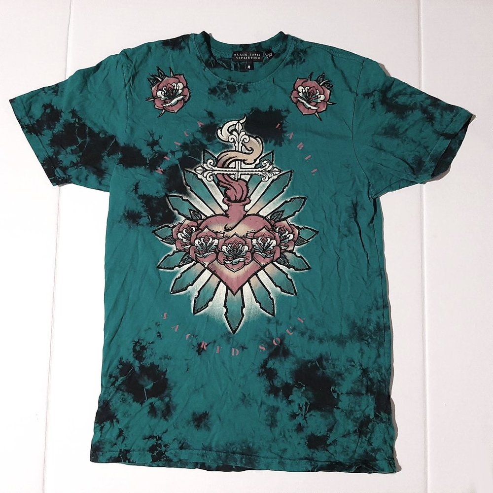 Affliction Black Label medium Size T shirt green black tye dye roses heart tee